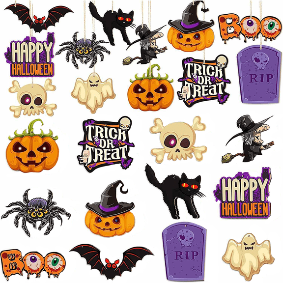 12 Pcs Halloween Wooden Ornaments Halloween Party Hanging Embellishments Pumpkin Bat Witch Spider Ornaments with Natural Rope for DIY Crafts Party Decorations