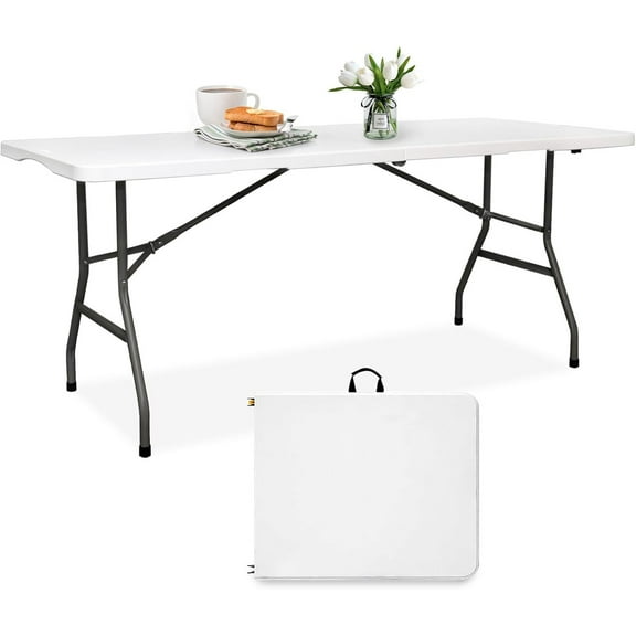 Folding Table 6FT HDPE 6 Foot Foldable Table Portable Banquet Surface Fold-in-Half Desk Utility for Working Meeting Parties, Picnic, Camping, Weddings, Catering, Garden Dining-White