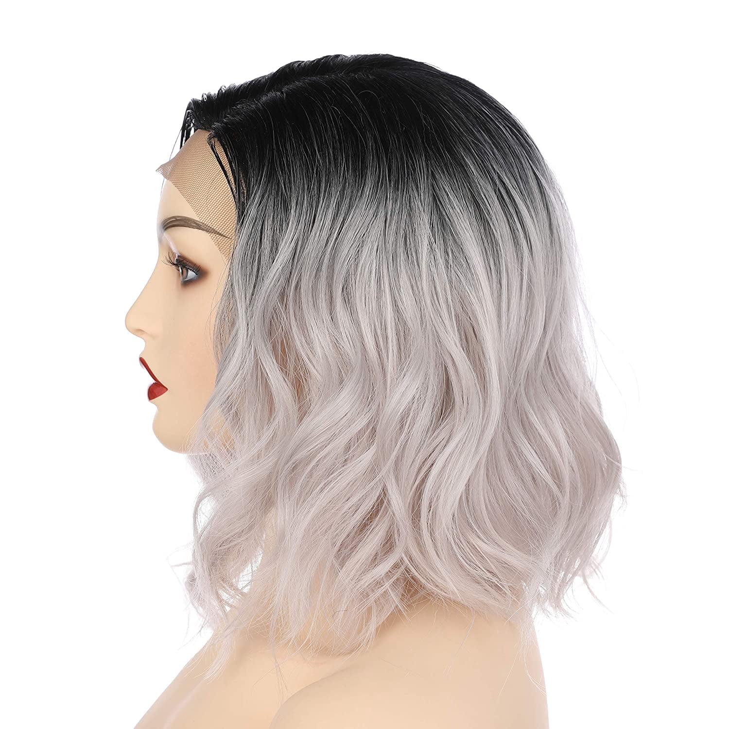 Onedor Side Part Lace Front Short Wavy Hair Bob Wigs for Women (Black Root Ombre Silver Grey)