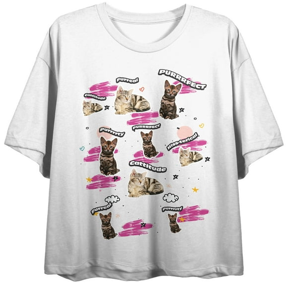 Kitten Grid Artwork Crew Neck Short Sleeve Women's White Crop Top-Medium