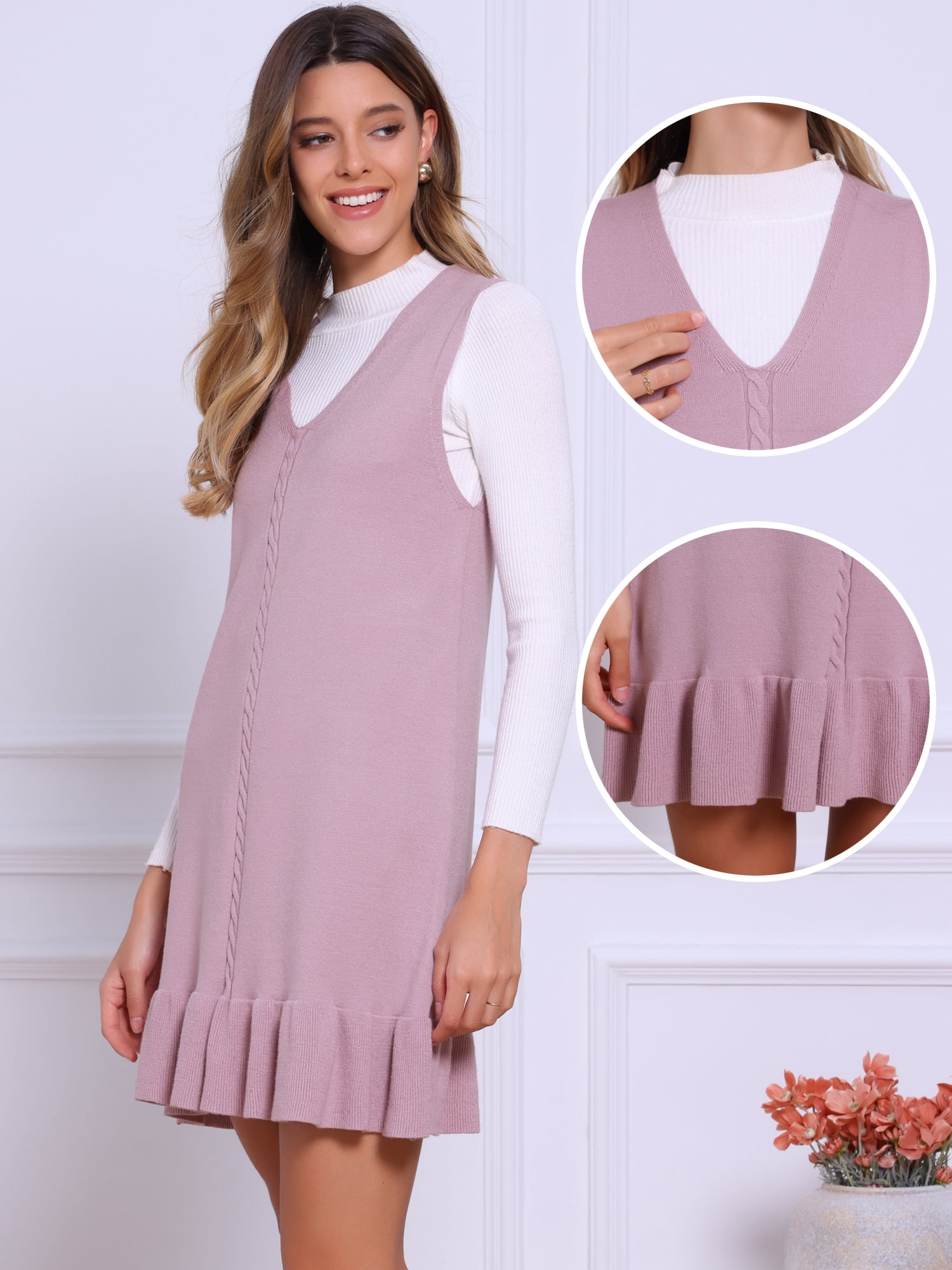 DARING DIVA Sweater Shift Chunky Knit Sleeveless V Neck Ruffle Mini Dress XL Dusty Pink