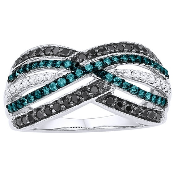AFFY Black, Blue & White Natural Diamond Layered Crossover Ring in 10k White Gold