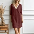 thumbnail image 5 of Vetsdori Women's Solid Color V-Neck Lace 3/4 Sleeve Linen Shift Dress Casual Flowy Summer, 5 of 9