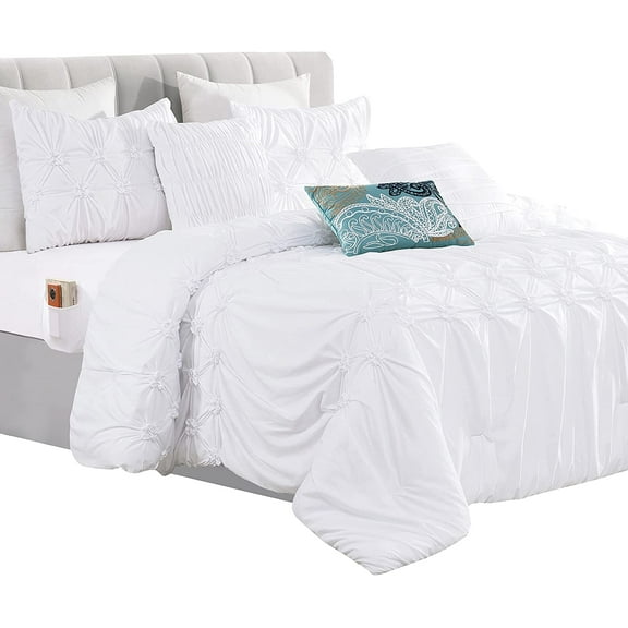 Mocassi Ella 12-Piece Pleated White Comforter Sets, Queen