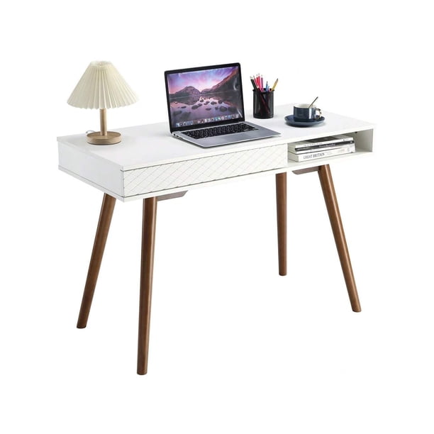 Moderno simple oficina en casa escritorio: mid-century moderno computer writing escritorio con cajón, solid wood legs, y abiertos almacenamiento cubby - small vanity mesa para dormitorio