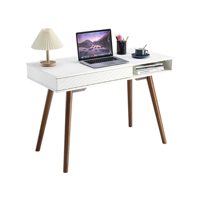Moderno simple oficina en casa escritorio: mid-century moderno computer writing escritorio con cajón, solid wood legs, y abiertos almacenamiento cubby - small vanity mesa para dormitorio