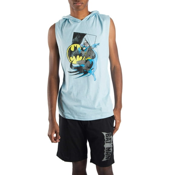 Men's 2 Piece Classic Batman Muscle Tee Hoodie and Sleep Short Lounge Pajama Combo