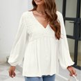 thumbnail image 2 of Women T Shirts Lace Stitching V Neck Long Puff Sleeve Single Breasted Decoration Casual Top White L, 2 of 6