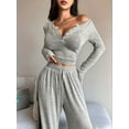 thumbnail image 4 of Women'S 2 Piece Matching Lounge Sets Long Sleeve Henley Neck Slightly Crop Top Wide Leg Pants Sweat Suit Gray L, 4 of 9