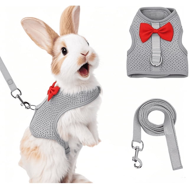 HeeHom Christmas Bunny Harness Leash Set - Soft Mesh Vest for Rabbits Kittens Ferrets Small Pets - Adjustable Escape-Proof Design
