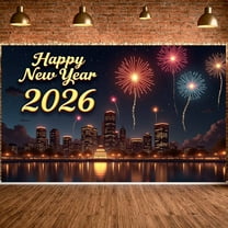 Fireworks Theme Happy New Year Banner City Night Design 2026 New Year Display Gold Lettering Night Sky Background New Year Backdrop for New Year Eve Party 2026 Celebration Holiday Gathering