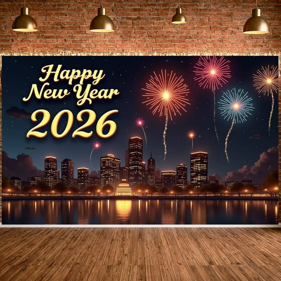 Fireworks Theme Happy New Year Banner City Night Design 2026 New Year Display Gold Lettering Night Sky Background New Year Backdrop for New Year Eve Party 2026 Celebration Holiday Gathering