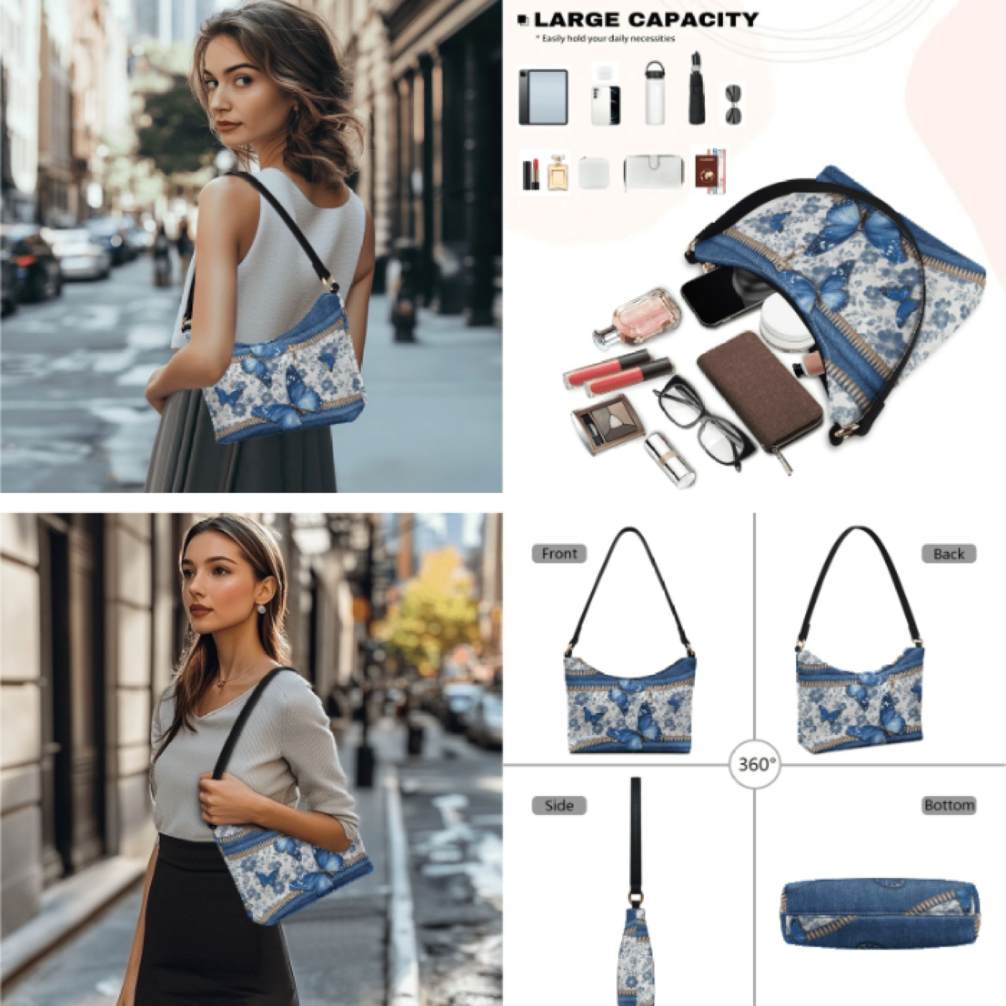 Tutolipy Butterfly Denim Pattern 3 Piece Shoulder Purse for Women, Lightweight Long Purse, Personalized Everyday Fashion Underarm Shoulder Bag for Shopping