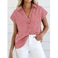 thumbnail image 5 of PRETTYGARDEN Womens Button Down Shirts V Neck Short Cap Sleeve Collared Plaid Tops Summer Spring Casual Blouses Clothes, 5 of 8