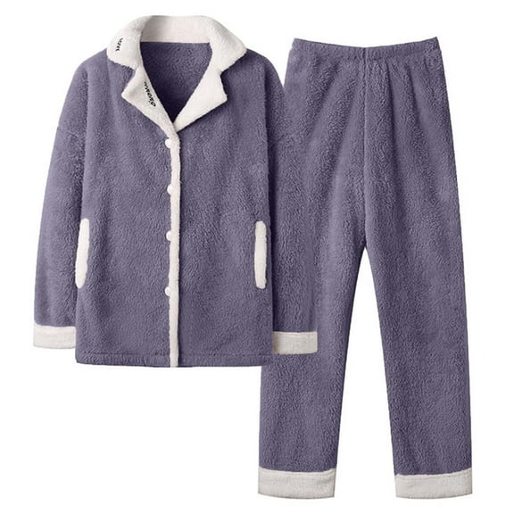Busydd Women's Pajama Sets Winter Comfortable Warm Fleece Womens Pjs Sets Solid Color Long Sleeve Lapel Button Tops and Pants Women's Sleepwear 2XL