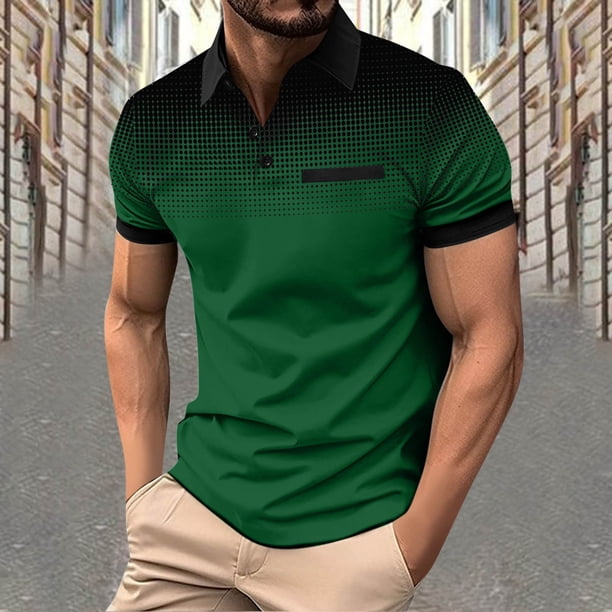 Blusa y camisa de manga corta con cuello vuelto para hombre, con solapa degradada de lunares y botones, deportiva, de poliéster