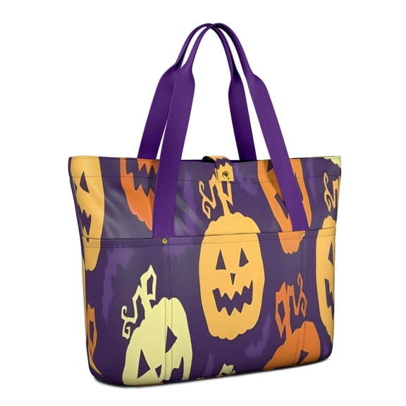Tote Bag for Women - Purple Halloween Jack Lanterns Shoulder Bag - Large Utility Work Duffle Bag with Zipper Handbag for Travel, Work, Sprots