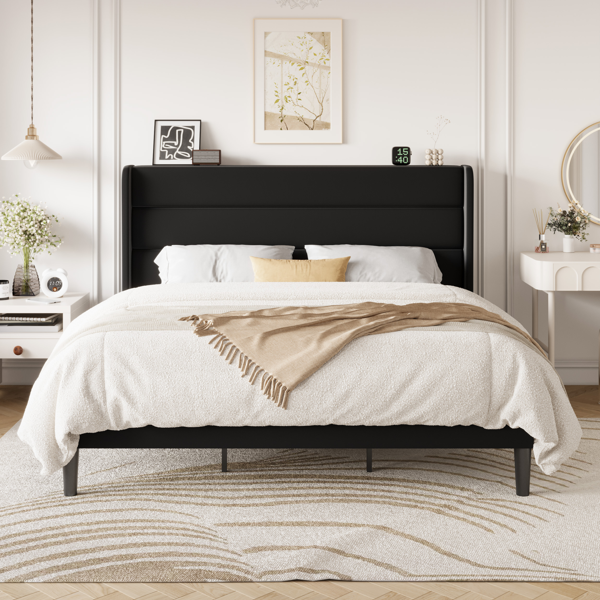 Einfach King Size Luxury Velvet Upholstered Platform Bed Frame with Wingback Headboard, Black