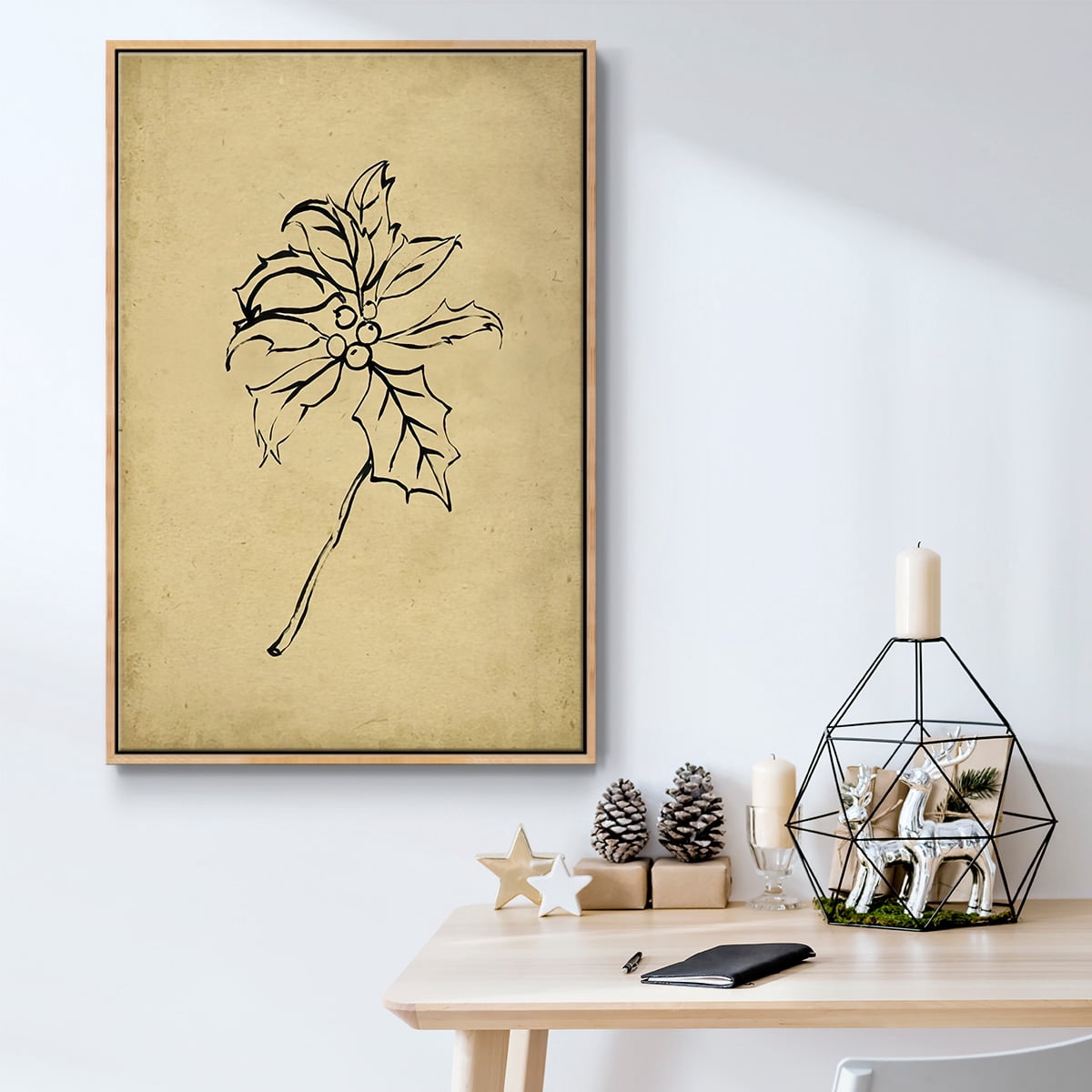 Holly Branch II - Framed Gallery Wrapped Holiday Canvas - 27 x 41 - Natural Wood Frame