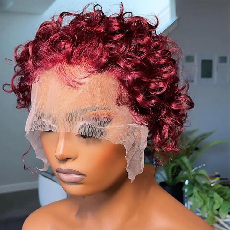 Short Curly Lace Wig Human Hair for Women Short Human Hair Wine Red Pixie Cut Curly Lace Wigs for Women 13x1 6 Inch Pre-Plucked Pixie Cut Wig 99J
