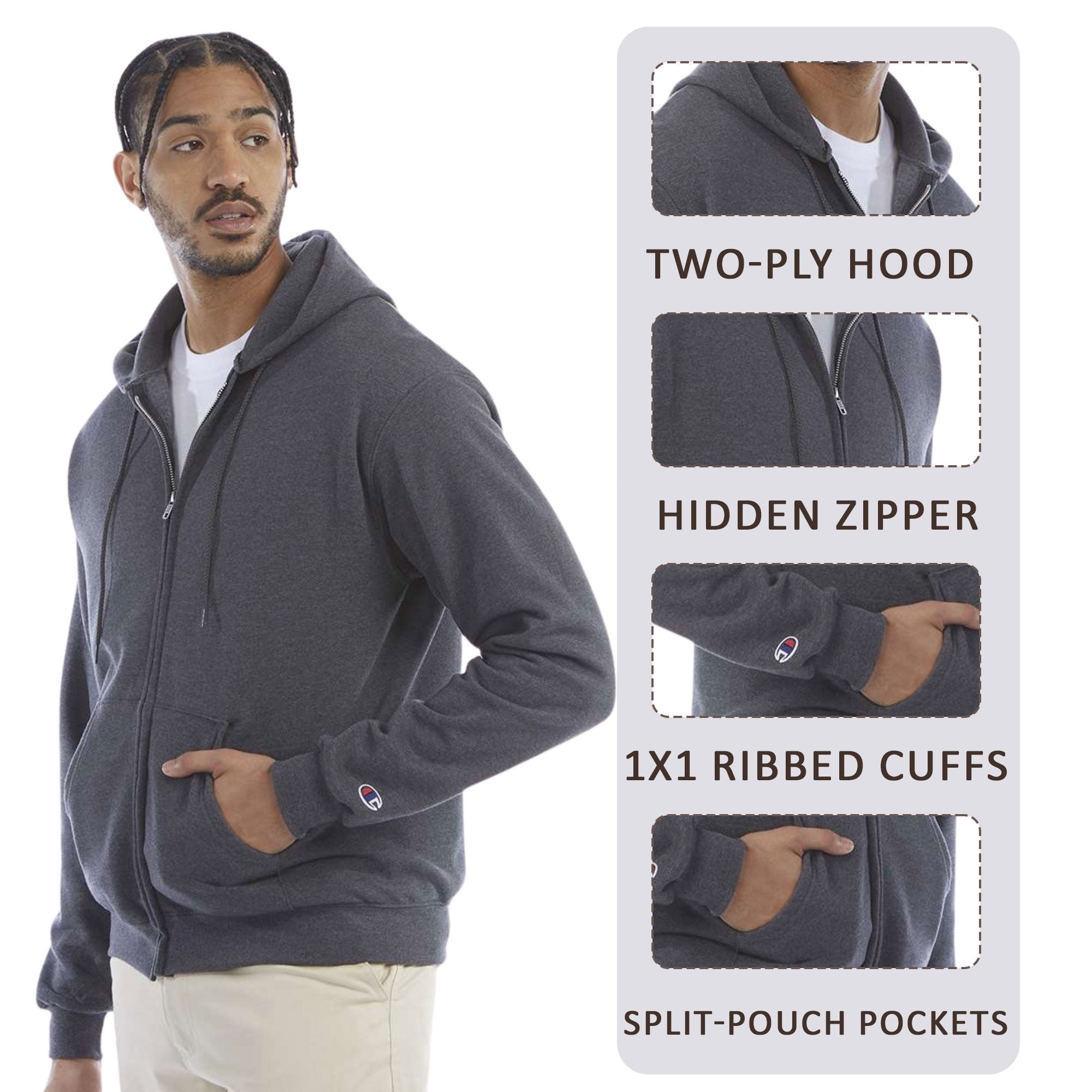 Champion Men's Powerblend Full-Zip Hooded Sweatshirt, 50/25/25 Cotton//Recycled Polyester Winter Fleece Jackets (Charcoal Heather, 2XL)