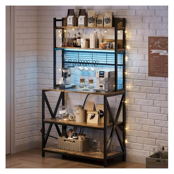 Kitchen Bakers Rack with Power Outlet & , 5 Tiers Coffee Bar Table with 8 S , 64 Inches Tall Microwave Oven Stand with Storage for Spices, Pots, Rustic Brown