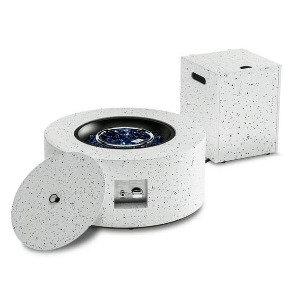 30" White Round Outdoor Propane Fire Pit Table with Tank Storage | 50,000 BTU Heat | CSA Certified | Includes Cover & Stones