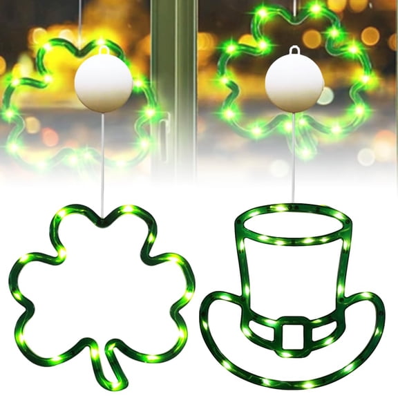 YUNOVA St. Patrick's Day Hanging Lights - 17" Leprechaun Hat & Lucky Shamrock Neon Sign, Battery Operated Cordless Green LED Decor for Irish Holiday Home Party Window
