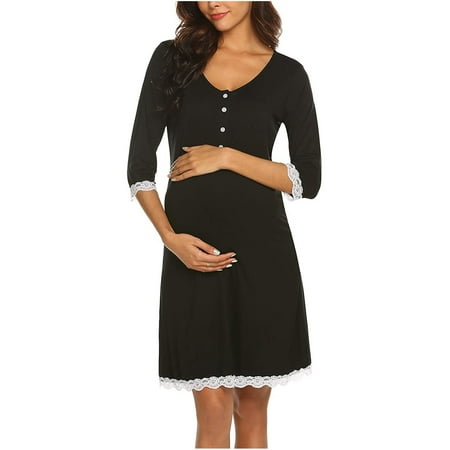 

asdoklhq Maternity Dress Fashion Solid Buttons Short Sleeve Breast-Feeding Pregnant Woman Maternity Dress