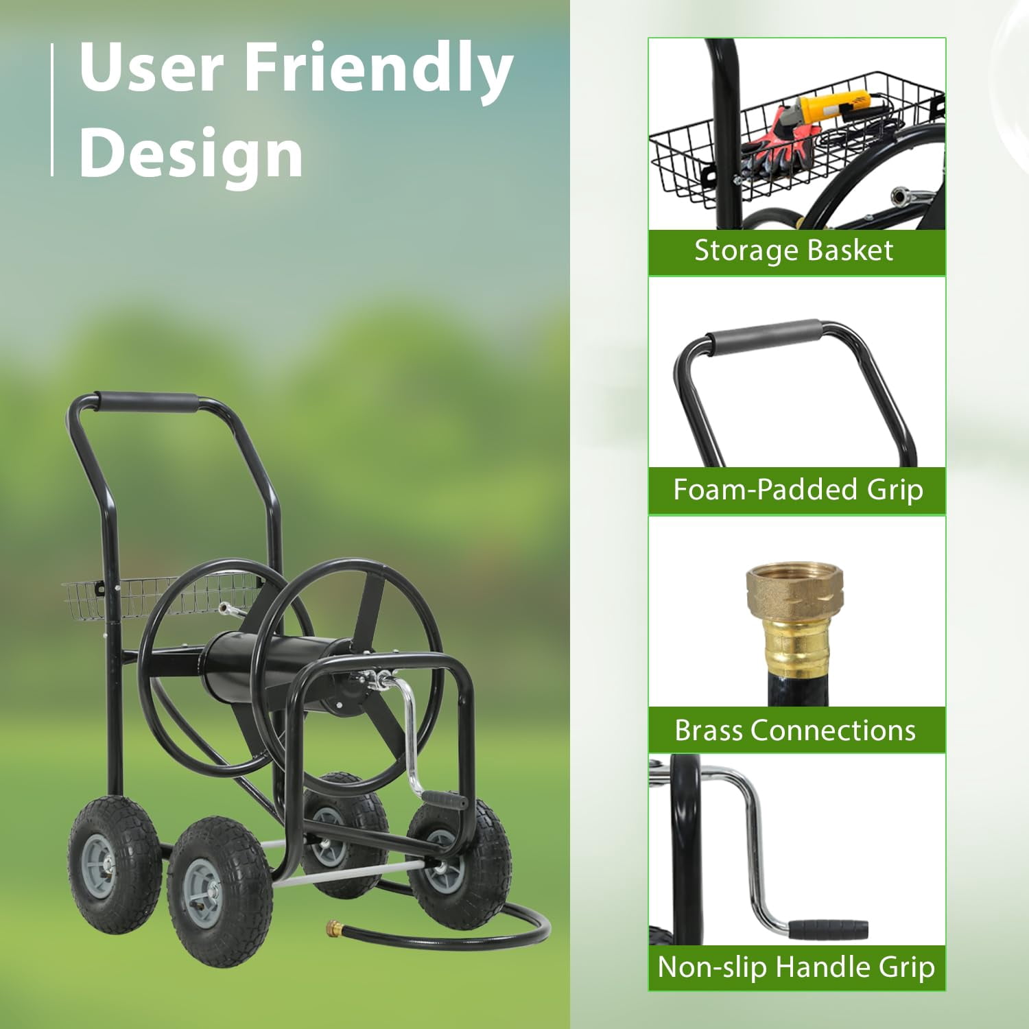 300ft Heavy Duty Hose Reel Cart - Steel Garden Water Hose Storage Cart with 8" Wheels, Foam Grip Handle, Outdoor Yard Hose Reel for Lawn & Garden (Black)