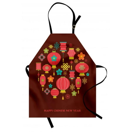 Chinese New Year Apron Colorful Festive Celebration Icons Lanterns Knots Flowers Asian Culture, Unisex Kitchen Bib Apron with Adjustable Neck for Cooking Baking Gardening, Multicolor, by