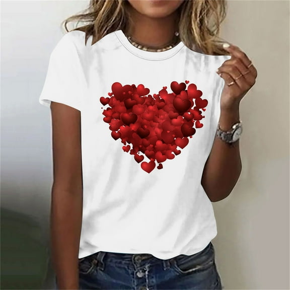 SOOMLON Women Valentine's Day Tops Girl Friend Valentines Gift Casual Short Sleeve Scoop Neck T Shirts Cute Heart Print Tshirts Trendy Festival Clothes 2025 White XL