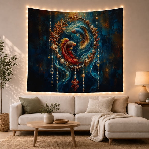 Ocean Waves Ornamental with Fish Flowing Fins Elaborate, Mystical Fantasy for Space Lovers, Galaxy Room Decor, Housewarming Gift, Tapestry Wall Hanging for Bedroom and Dorm