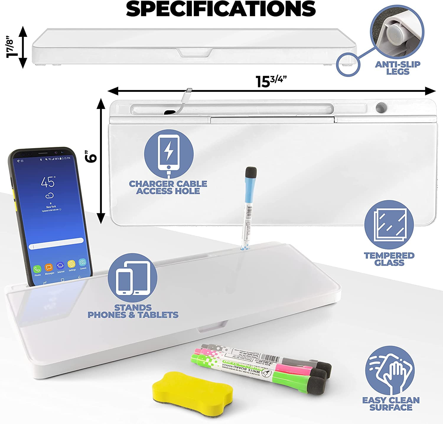 Desktop Whiteboard with Storage Compartment and Phone & Tablet Slot - Includes 4 Markers, 1 Eraser