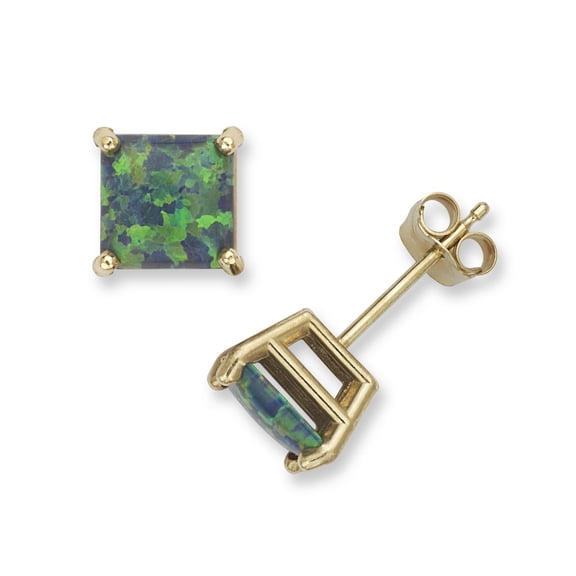 14k Yellow Gold Green 6x6mm Square Simulated Opal Earrings