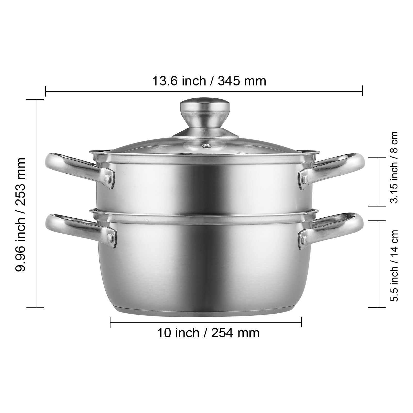 KFFKFF Steamer Pot, 9.5in/24cm Steamer Pot for Cooking with 5QT Stock Pot and Vegetable Steamer, Food-Grade 304 Stainless Steel Food Steamer Cookware with Lid for Gas Electric Induction Grill Stove