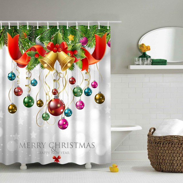 Cortina de Ducha ABPHQTO Feliz Árbol de Navidad Adornos Coloridos Campana Pequeña Regalo Nochevieja 150x180 cm
