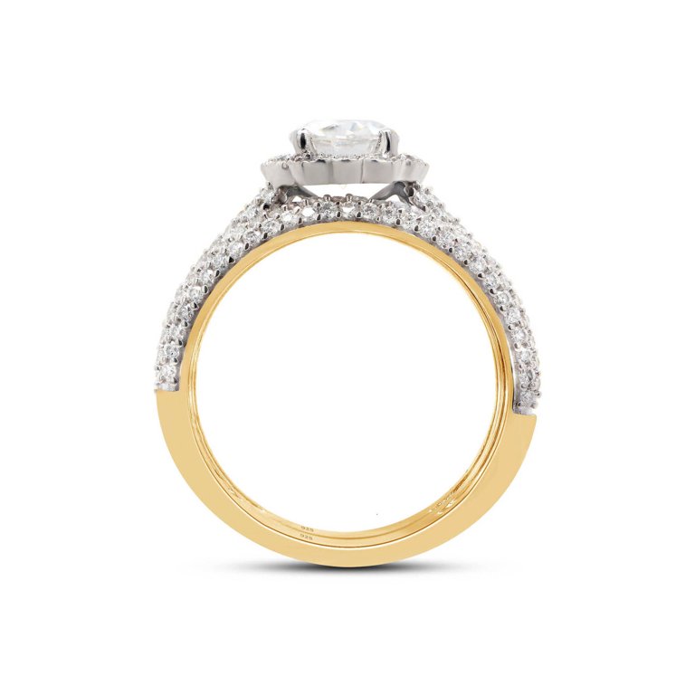 1.33 Cttw Halo Bridal Set Ring - Moissanite/Lab Diamond Engagement & Wedding Ring In 14K Gold Plated Sterling Silver