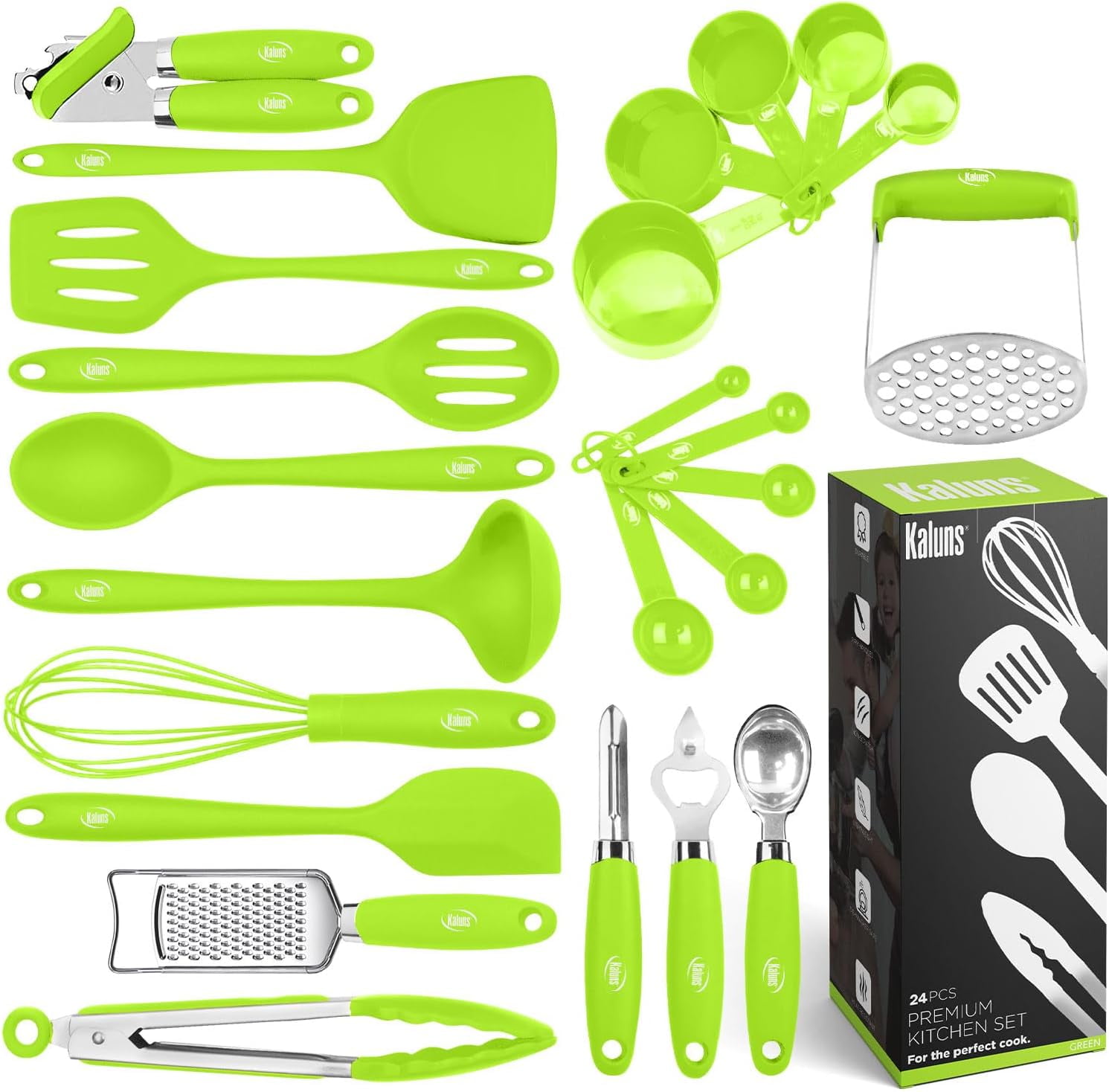 Kaluns Silicone Cooking Utensils Set 24 Pcs - Premium Heat Resistant Cooking Set & Kitchen Essentials - Non-Stick Kitchenware with Stainless Steel Handles