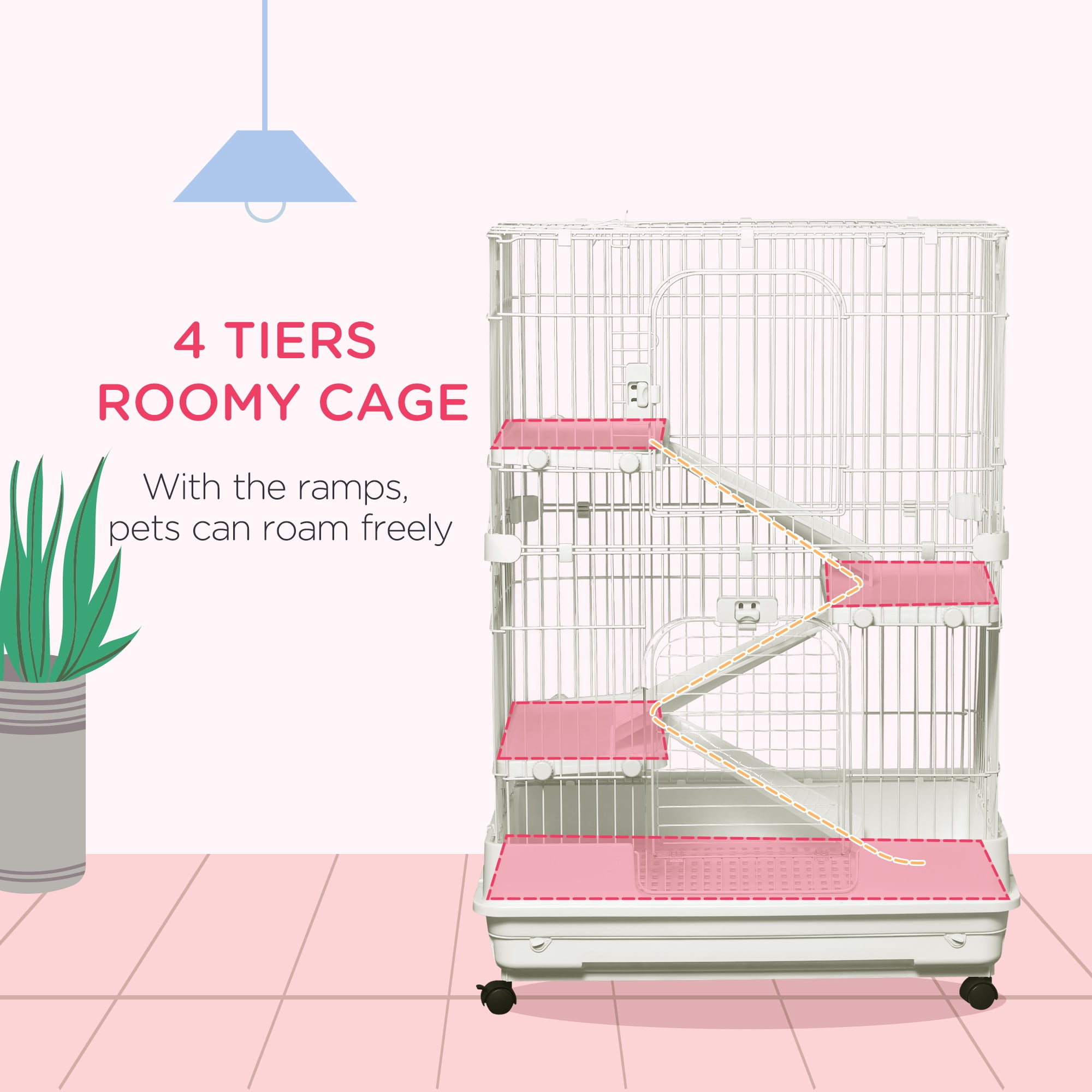 Pawhut L 4-Level Indoor Small Animal Cage Rabbit Hutch Multi Activity Exercise Centre with Universal Wheels Brakes Slide-out Tray - White