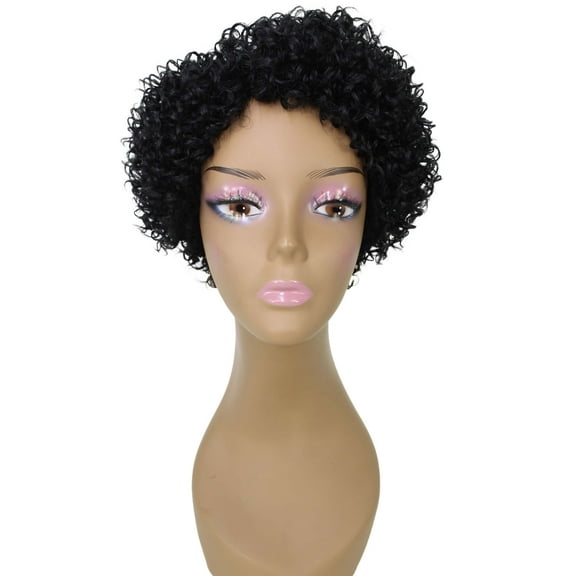LUXLUXE Leila Curly Kinky 10 in Long Full Wig No Lace Wig, Heat Resistant Fibers, Natural Black Color