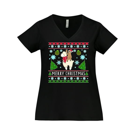 Inktastic Merry Christmas Sloth and Llama Ugly Sweater Style Women's Plus Size V-Neck T-Shirt