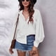 thumbnail image 3 of Blusa blanca de color puro para mujer, talla M, camisa con cuello en V y botones con mangas farol, 3 of 6