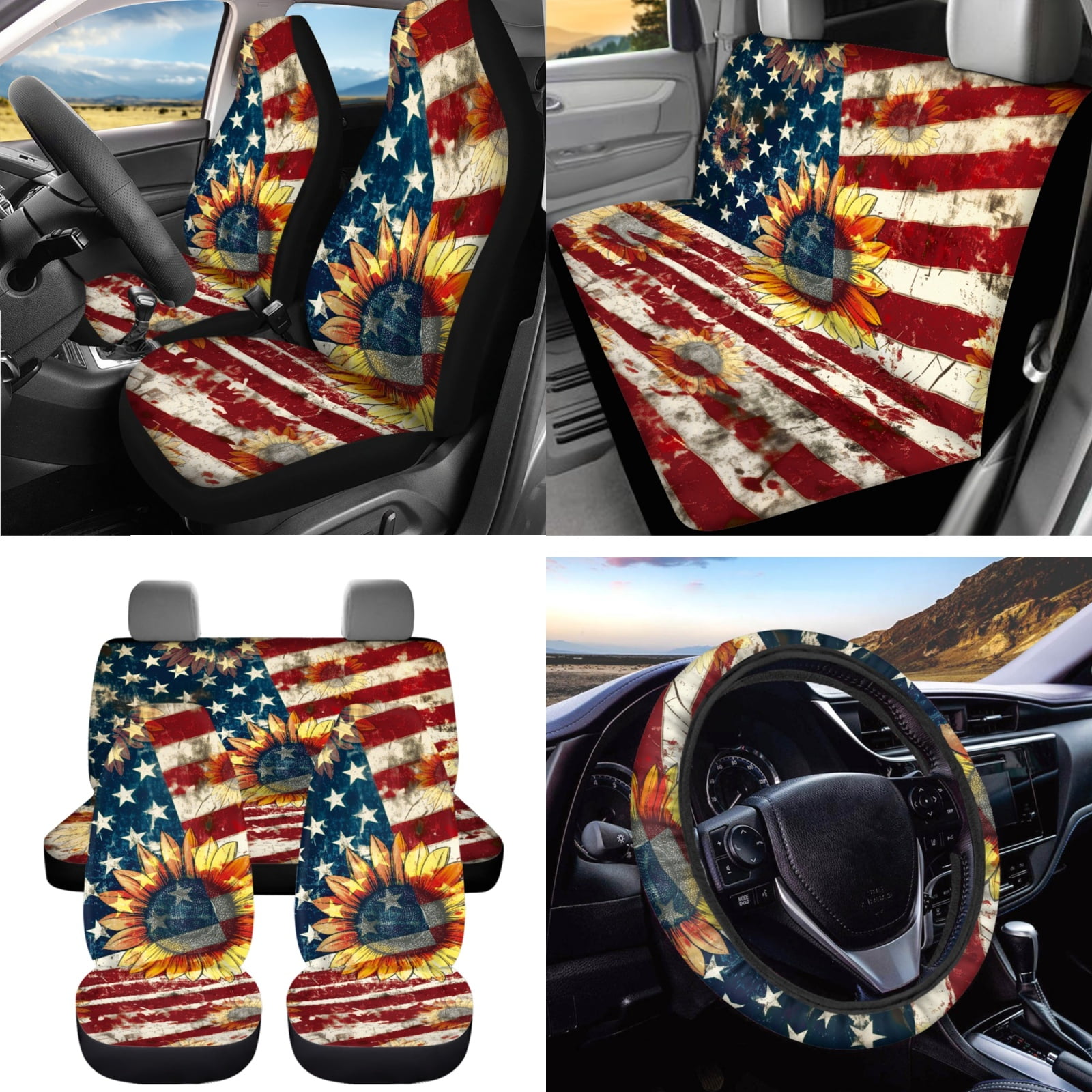 Jeiento American Flag Car Front Back Seat Covers with Steering Wheel Cover Seat Belt Pads Car Cup Mat Garbage Can Rear View Mirror Cover Wristlet Keychain Sunflower Air Vent Storage Holder, 15pcs