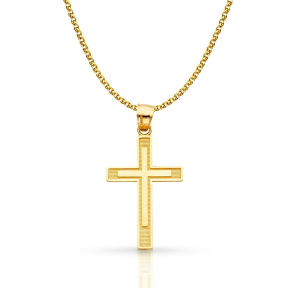 14K Yellow Gold Cross Pendant with 1.5mm Flat Open Wheat Chain Chain Necklace