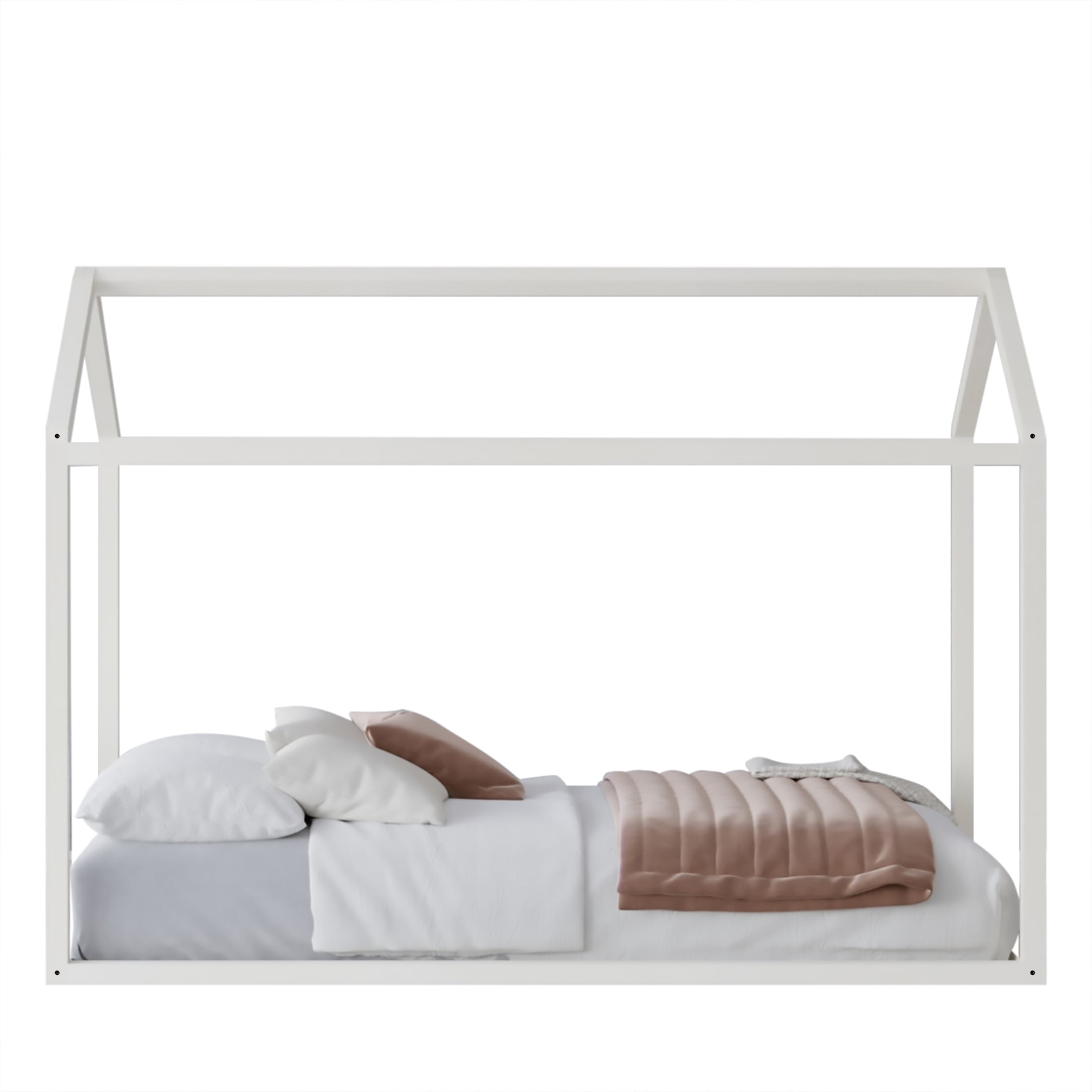Castle Place Contemporary Wooden Canopy House Kid Twin Bed, Antique White