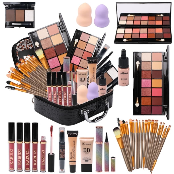 MTDXILTAI Kit de maquillaje todo en uno para bolsa de almacenamiento de maquillaje, paleta de sombras de ojos de 2 x 14 colores, base líquida, delineadores de ojos, barra de contorno, brillo de labios
