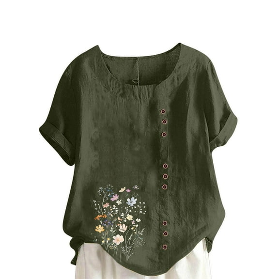 ZQUUVOU Women's T-Shirt Round-Neck Floral Printed Short Sleeve Button Blouse Olive Green (5XL)