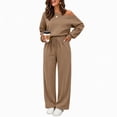 thumbnail image 6 of Xinoom Women 2 Piece Off Shoulder Tracksuit, Long Sleeve Slanted Shoulder Sweatshirt & Drawstring Wide Leg Pants with Pockets, Casual Matching Outfit Gift for Women Evening Party Khaki,XXL, 6 of 6