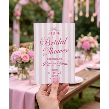 Bridal Shower Invitation Template Pink Stripes Bridal Shower Invite Coquette Invitation Canva Editable